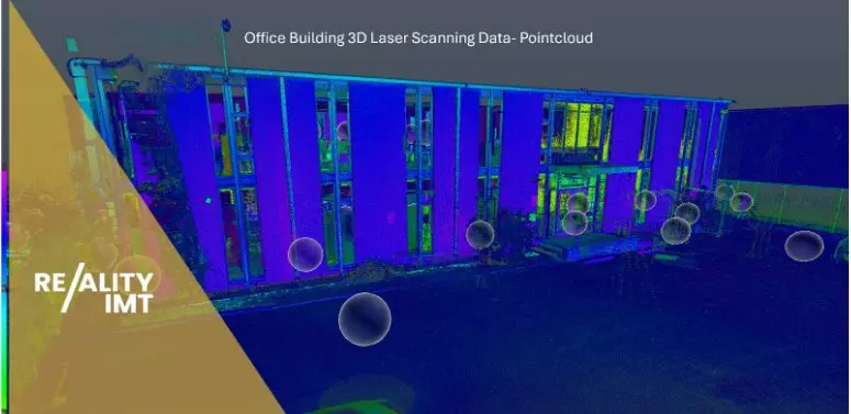 Point cloud visualization created from Reality IMT's nationwide 3D laser scanning services for accurate office building measurements and existing-condition documentation.