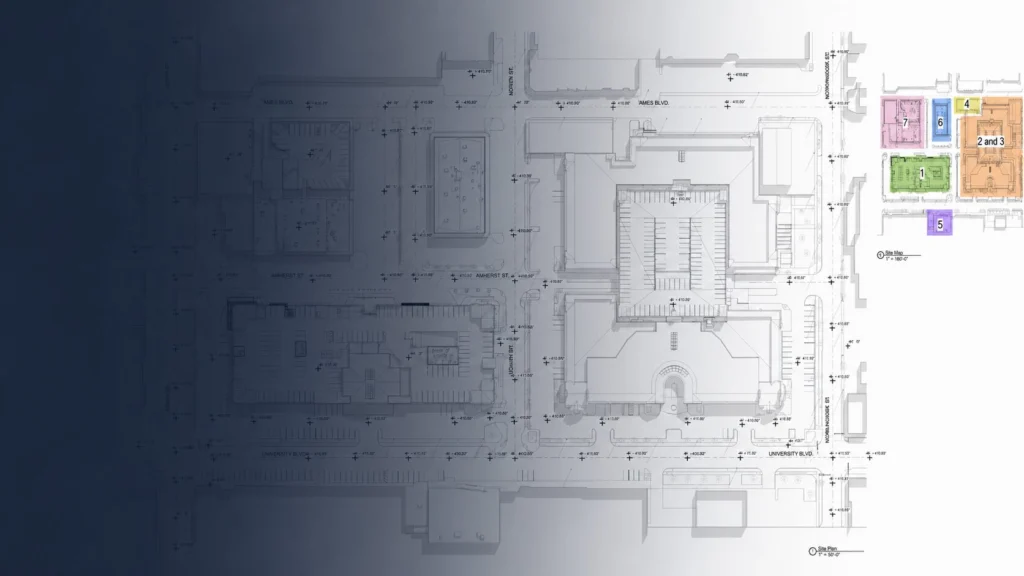 As-built CAD drawings and site plan created from existing-condition building measurements
