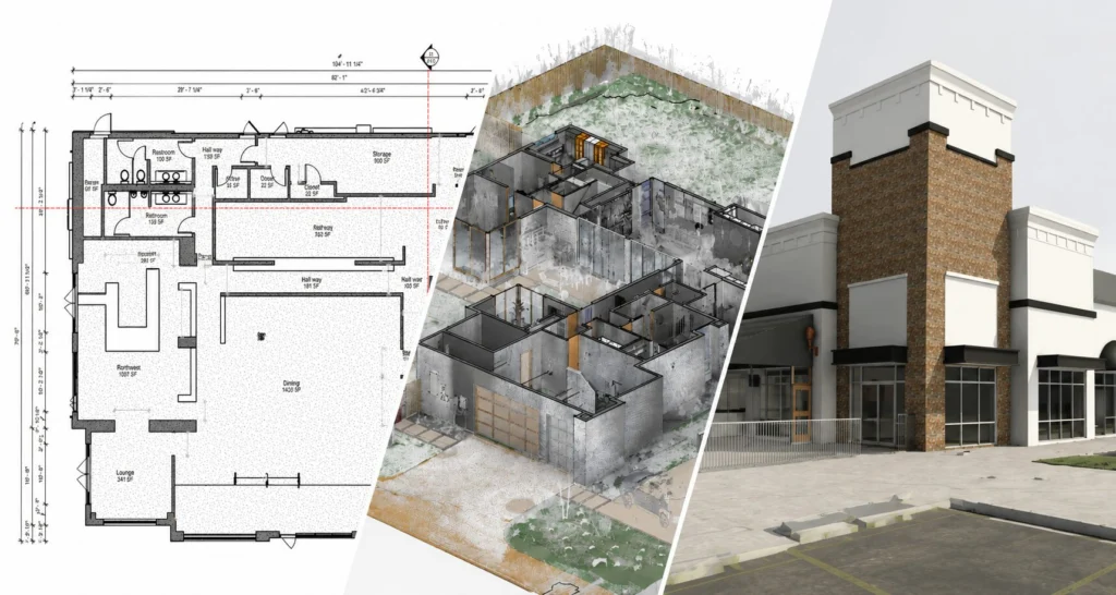 Existing conditions documentation deliverables showing floor plan, point cloud, and Revit model for an Atlanta Georgia building documentation project