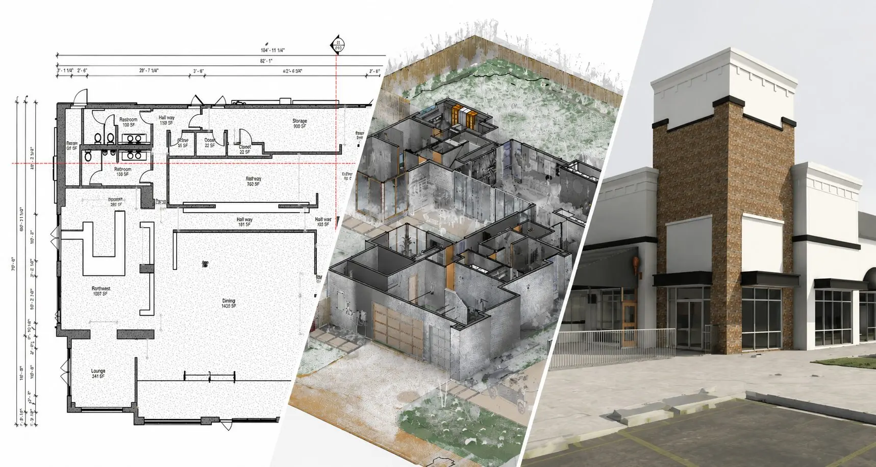 Existing conditions documentation deliverables showing floor plan, point cloud, and Revit model for an Atlanta Georgia building documentation project