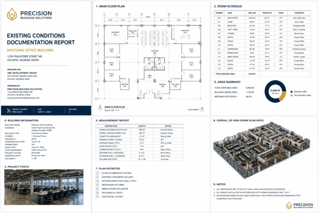 Existing-condition floor plan and building measurement report deliverable