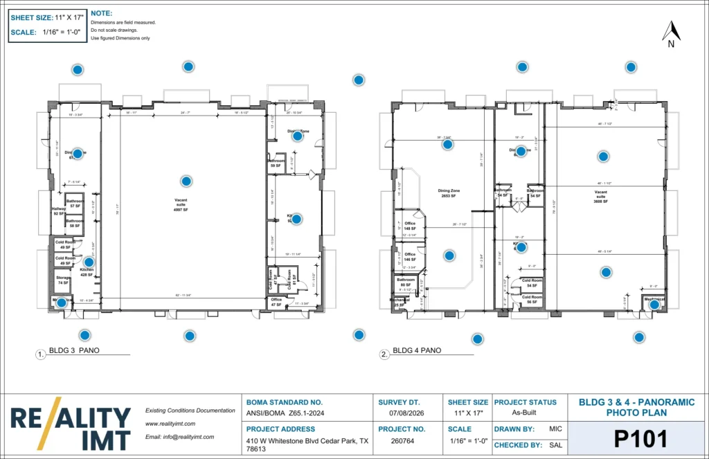 Panoramic photo plan supporting BOMA Area Calculation Services for two retail buildings