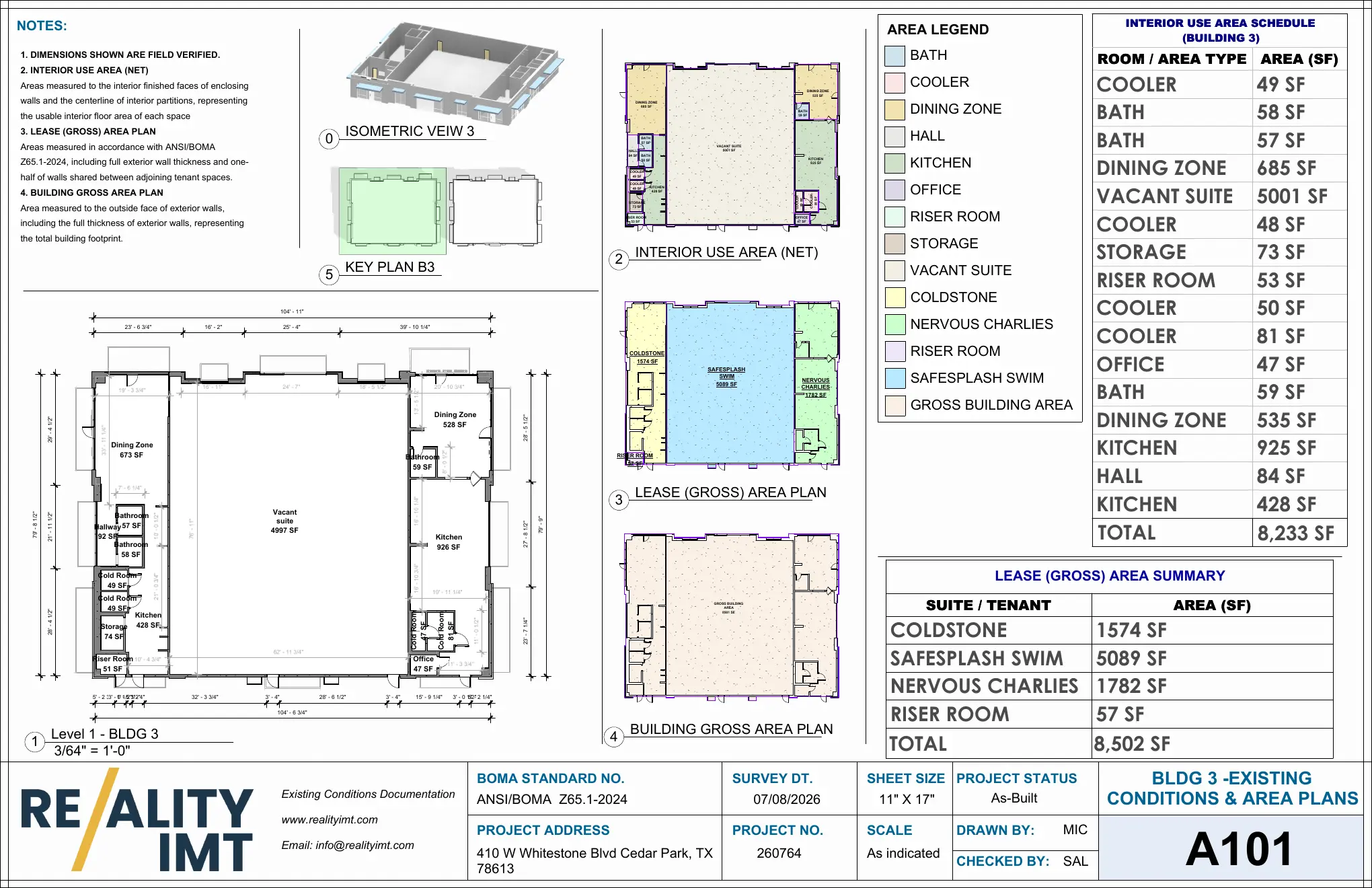 BOMA Area Calculation Services floor plan for Building 3 showing ANSI BOMA Z65.1-2024 interior, lease gross, and building gross areas