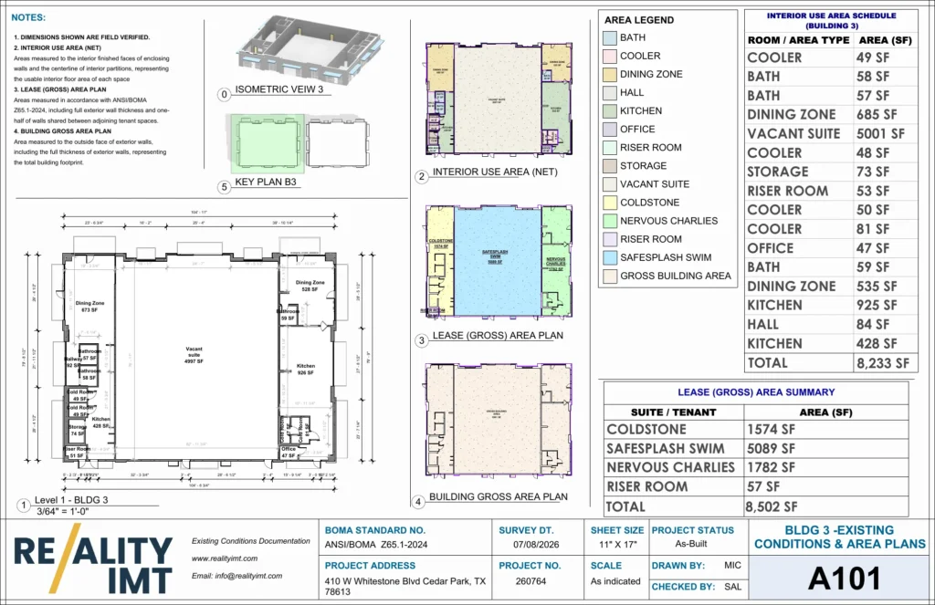 Building 3 BOMA Area Calculation Services with tenant area schedules and measured retail floor plan