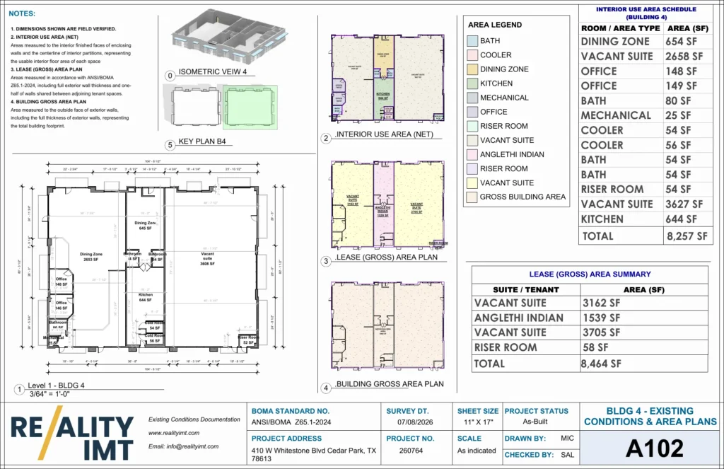 Building 4 BOMA Area Calculation Services floor plan with tenant spaces and ANSI BOMA area calculations