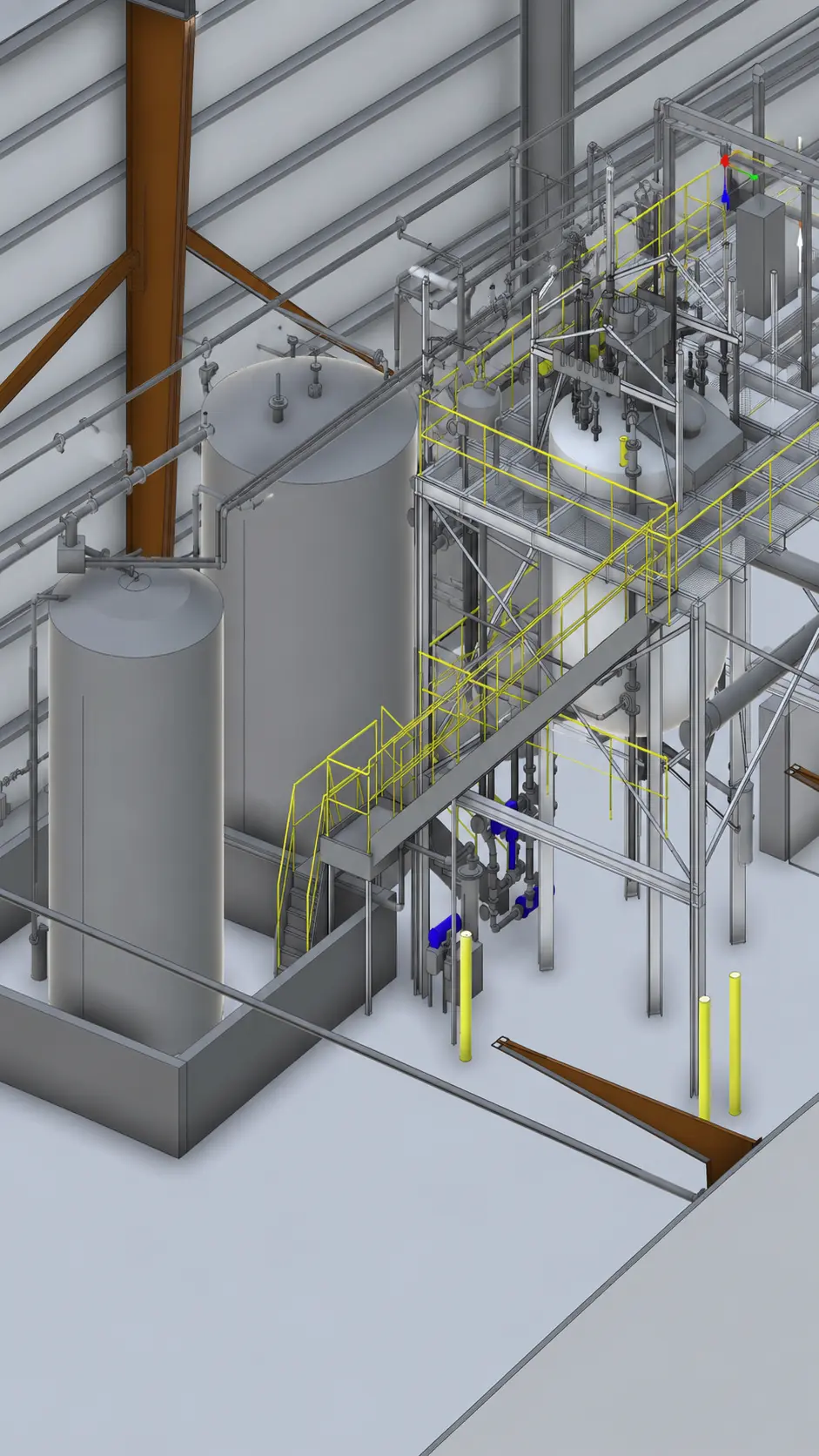 Industrial facility documentation using 3D laser scanning and Revit model of manufacturing plant equipment, piping, and structural systems.